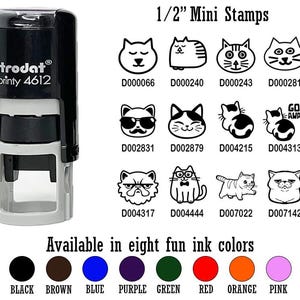 May include: A set of 1/2 inch mini stamps featuring various cat designs. The stamps are black and white and come in a variety of styles, including a cat with sunglasses, a cat with a bow tie, and a cat with a go away sign. The stamps are available in eight fun ink colors: black, brown, blue, purple, green, red, orange, and pink.
