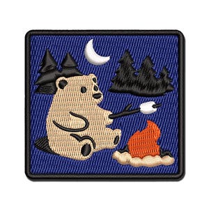 Hungry Bear Making S'mores over a Campfire Multi-Color Embroidered Iron-On or Hook & Loop Patch Applique