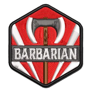 May include: A red and white hexagonal patch with a black and gray axe and the word "BARBARIAN" in white letters.