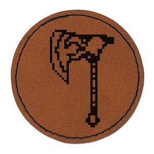 Pixel Axe Battle Axe RPG Dwarf Weapon Round Iron-On Engraved Faux Leather Patch Applique - 2.5"