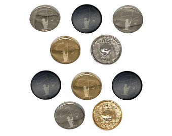 Fly Fishing Fisherman Casting Line Angler 0.6" (15mm) Round Metal Shank Buttons for Sewing - Set of 10
