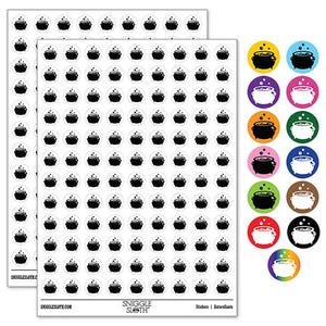 May include: Sheets of round stickers featuring a black cauldron design on a white background. A variety of colorful cauldron stickers are also shown. The stickers are from Sniggle Sloth.