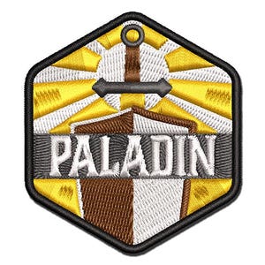 May include: A yellow, white, and brown embroidered patch with a sword and shield design. The word "PALADIN" is embroidered in white on a gray background.