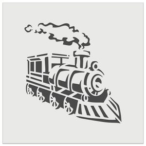 May include: Black and white silhouette of a vintage steam train with smoke coming from the chimney. The train has a large boiler, a cab, and several wheels.