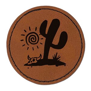 Saguaro Cactus Sonoran Desert Bull Skull Round Iron-On Engraved Faux Leather Patch Applique - 2.5"