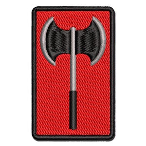 May include: A black and silver double-headed axe embroidered on a red patch with a black border.