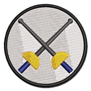 May include: A white embroidered patch with two crossed fencing foils, the blades are yellow and the handles are blue.