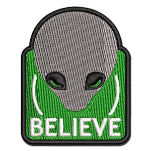 Believe Gray Alien Head Multi-Color Embroidered Iron-On or Hook & Loop Patch Applique