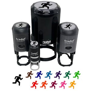 May include: A collection of black self-inking stamps with a running person icon. The stamps are various sizes and include the brand name "trodat". Below the stamps are colorful running person icons in various colors.