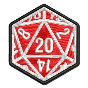 May include: A hexagonal embroidered patch featuring a red twenty-sided die design with white stitched outlines and numbers. The central face displays the number 20, with other visible numbers including 8, 2, and 14, all bordered by a thick black edge.