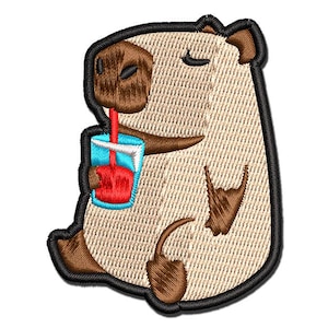 Chill Capybara Drinking Juice Multi-Color Embroidered Iron-On or Hook & Loop Patch Applique