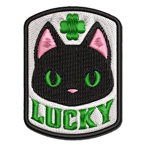 Lucky Black Cat with Clover Multi-Color Embroidered Iron-On or Hook & Loop Patch Applique