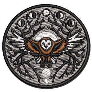 Intricate Barn Owl with Wreath of Branches and Moon Phases Multi-Color Embroidered Iron-On or Hook & Loop Patch Applique