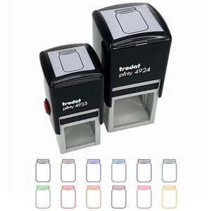 May include: Two black Trodat Printy 4923 and 4924 self-inking stamps with a jar outline on top. The stamps have a silver base and the text "trodat printy 4923" and "trodat printy 4924". Below are jar outline designs in various colors.