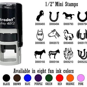 May include: A black and gray self-inking stamp with the text "trodat printy 4612" on it. The stamp is 1/2 inch in size and is available in eight colors: black, brown, blue, purple, green, red, orange, and pink. The stamp features a variety of designs, including horseshoes, horses, and donkeys.