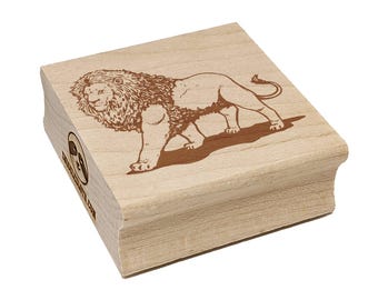 May include: A wooden stamp featuring a detailed illustration of a lion in a walking pose. The lion is depicted with a flowing mane and a curled tail. The stamp has a rectangular shape with rounded edges. The text "charlescrafts.com" is visible on the side.