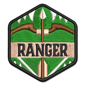 May include: Embroidered patch with a green background and a black border. The patch features a bow and arrow design with the word "RANGER" in a banner. The arrow is centered, and the bow is brown. The patch is in a hexagon shape.