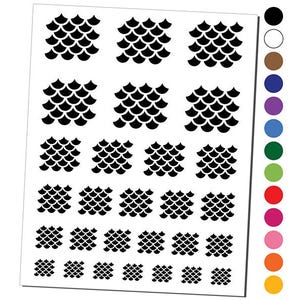 May include: A white sheet featuring multiple rows of black fish scale patterns in varying sizes, arranged in a grid. To the right of the main sheet, a vertical column displays a series of twelve solid colored circles in black, white, brown, blue, purple, light blue, green, lime, red, magenta, pink, orange, and yellow.