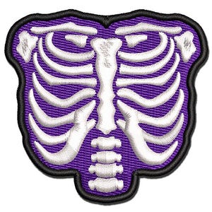 May include: Embroidered patch featuring a white rib cage design on a purple background. The patch has a black border and is shaped like a stylized chest. The design is detailed and suitable for clothing or accessories.