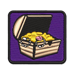 May include: A square embroidered patch featuring a treasure chest on a purple background. The chest is tan with black outlines, containing yellow gold bars, a pink gemstone, and a string of white pearls, all rendered in detailed embroidery.