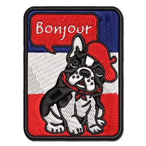 Bonjour French Bulldog with Beret and Bandana Multi-Color Embroidered Iron-On or Hook & Loop Patch Applique