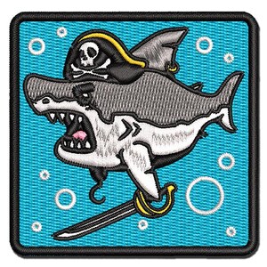 Pirate Shark with Hook and Sword Multi-Color Embroidered Iron-On or Hook & Loop Patch Applique