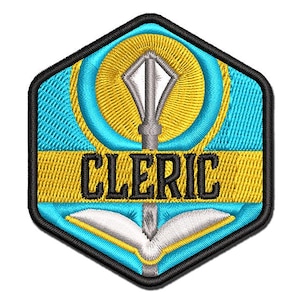 May include: Embroidered patch in a hexagonal shape, featuring a design with a silver staff, a book, and the word "CLERIC" in black. The background has a yellow circle and blue and yellow sections, with a black border.