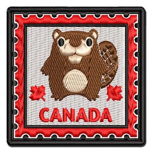 May include: A square embroidered patch designed like a postage stamp with a serrated black border. It features a brown beaver illustration, two red maple leaves, and the red text CANADA on a light gray background with a thick red frame.