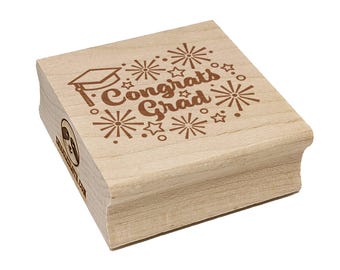 Congrats Grad Graduate Graduation Cap Fireworks Stars Square Rubber Stamp for Stamping Crafting