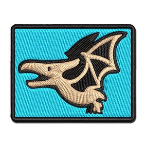 May include: A blue embroidered patch with a cartoon pterodactyl with black wings and a beige body.