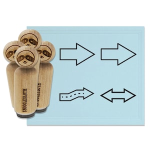May include: Wooden stamps with sloth faces and the text "SNIGGLESLOTH" next to black arrow designs on a light blue background. The arrows point in different directions.