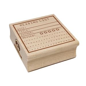 May include: Wooden stamp with the text "Reading List" and fields for date, title, author, and review. The review field includes a five-star rating system.