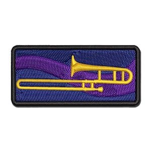 Trombone Music Instrument Silhouette Multi-Color Embroidered Iron-On or Hook & Loop Patch Applique
