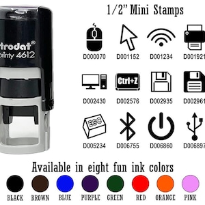 May include: A black and white self-inking stamp with the text "trodat printy 4612" on the top. The stamp is 1/2 inch in size and is available in eight colors: black, brown, blue, purple, green, red, orange, and pink. The stamp is shown with a variety of computer-related icons, including a mouse, a cursor, a wifi symbol, a printer, a computer monitor, a keyboard with the keys "Ctrl+Z", a floppy disk, a file folder, an escape key, a bluetooth symbol, a power button, and a USB symbol.