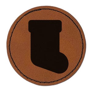 Christmas Stocking Solid Round Iron-On Engraved Faux Leather Patch Applique - 2.5&quot;
