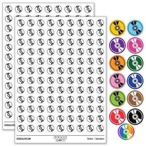 May include: Sheets of stickers featuring a black and white CD design. A variety of colorful CD stickers are displayed on the right. The stickers are from Sniggle Sloth.