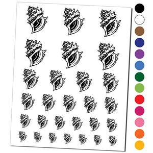 May include: A sheet of black and white seashell stickers arranged in rows of varying sizes, accompanied by a vertical column of twelve solid circular color swatches including black, white, brown, blue, purple, green, red, pink, and orange.