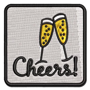 Cheers Champagne Toast Cursive Text Multi-Color Embroidered Iron-On or Hook & Loop Patch Applique