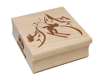 Skier Skiing Down Mountain Slopes Square Rubber Stamp for Stamping Crafting
