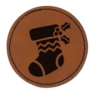 Christmas Stocking Holly Round Iron-On Engraved Faux Leather Patch Applique - 2.5&quot;