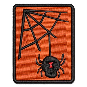 May include: Embroidered patch featuring a black spider hanging from a web on an orange background. The spider has a red hourglass marking. The patch has a black border and is rectangular.
