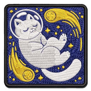 Dreamy Space Cat Multi-Color Embroidered Iron-On or Hook & Loop Patch Applique