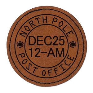 North Pole Christmas Postmark Santa Claus Mail Stamp Round Iron-On Engraved Faux Leather Patch Applique - 2.5 inches