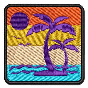 Palm Tree Tropical Island Sun Waves Multi-Color Embroidered Iron-On or Hook & Loop Patch Applique