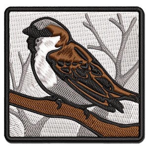 House Sparrow Bird on Branch Multi-Color Embroidered Iron-On or Hook & Loop Patch Applique