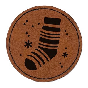 Christmas Stocking Sock Round Iron-On Engraved Faux Leather Patch Applique - 2.5&quot;