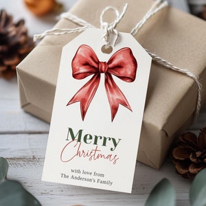 Merry Christmas Gift Tag Printable, Red Bow Christmas Gift Tag Template, Holiday Party Favor Tag, Editable Merry Christmas Watercolor Tag