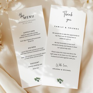 Pode incluir: Dois cartões brancos com texto preto e ilustrações florais verdes. O primeiro cartão é um menu de casamento com o título "The Menu" e lista aperitivos, pratos principais e sobremesas. O segundo cartão é um cartão de agradecimento com o título "Thank You" e uma mensagem para a família e amigos. O texto nos cartões diz "Ariadna & Michael" e "26.09.2024".