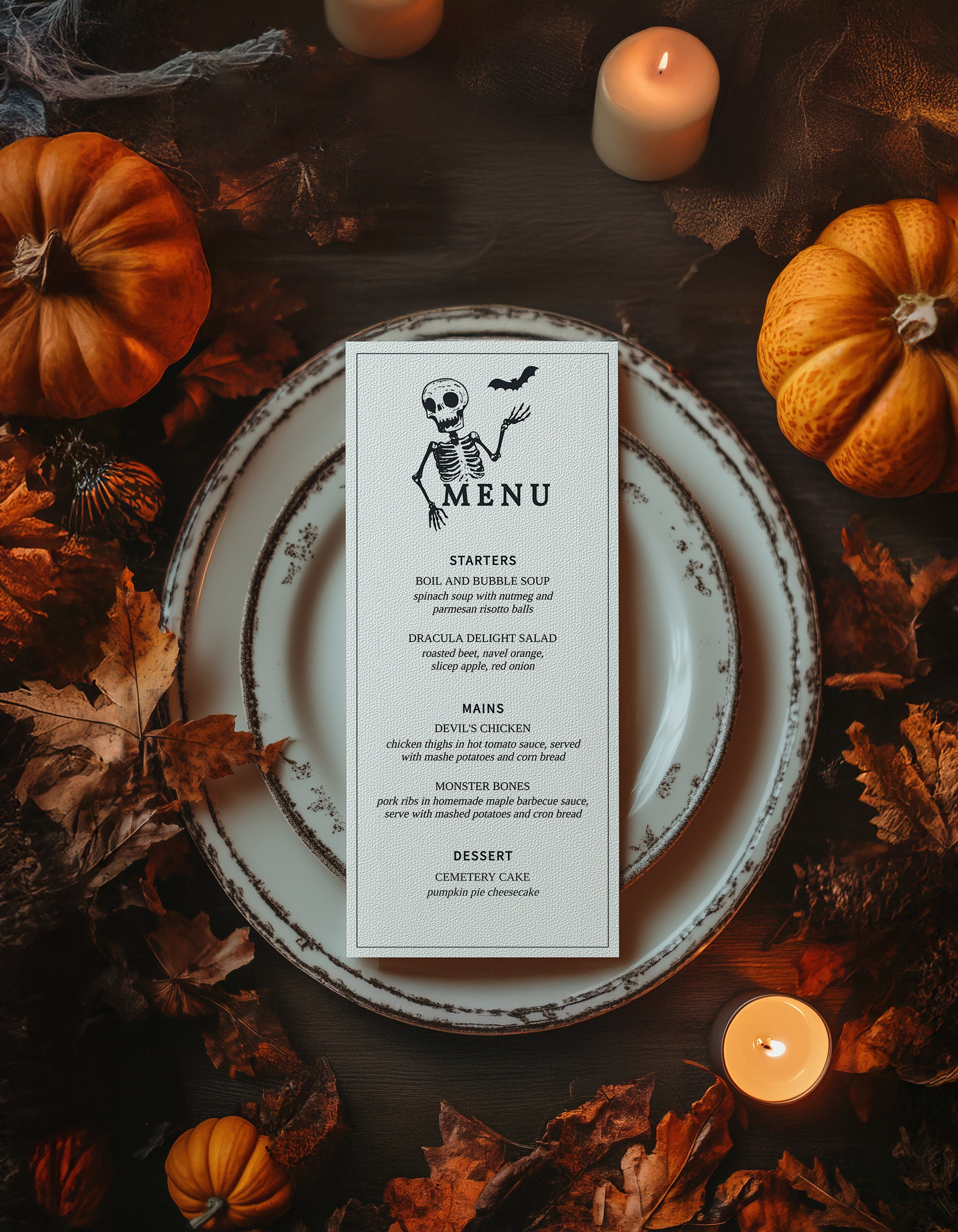 Skeleton Halloween Menu Template, Halloween Dinner Party Menu, Editable ...