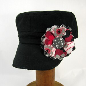 Black Cadet Cap with Fabric Flower Pin, adjustable cadet cap, removable fabric flower pin, distressed cap black, white BL05 image 1